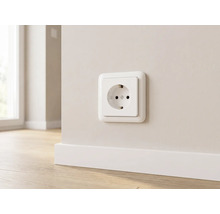 Wandcontactdoos met randaarde gemonteerd op een muur boven een plint en een houten vloer.