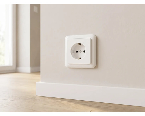 Wandcontactdoos met randaarde gemonteerd op een muur boven een plint en een houten vloer.