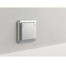 Wandcontactdoos met klapdeksel in zilver voor inbouwmontage.