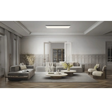 Rechthoekig LED-plafondpaneel in een moderne, ruime woonkamer met zitgroep en wandpanelen.