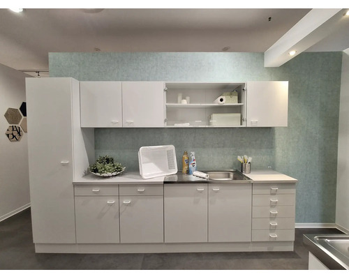 Moderne witte kitchenette in minimalistische stijl met hoge kast, bovenkasten, roestvrijstalen gootsteen en onderkasten.