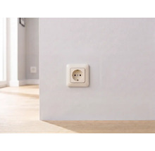 Wandcontactdoos met randaarde gemonteerd op een witte muur boven een houten vloer.