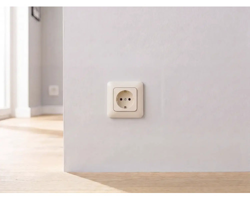 Wandcontactdoos met randaarde gemonteerd op een witte muur boven een houten vloer.