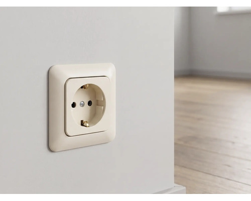 Schuko stopcontact in crèmewit, gemonteerd op een wand in een lichte kamer met houten vloer.
