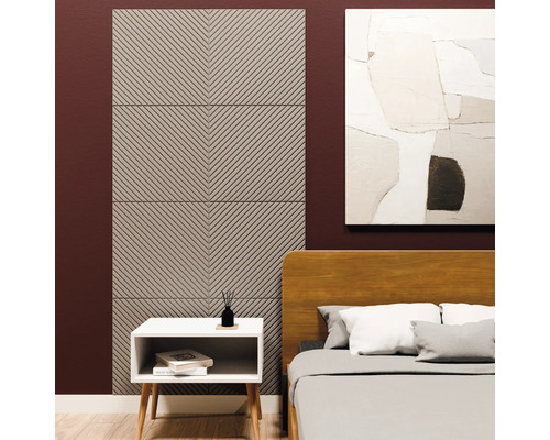 Moderne wandpanelen met diagonaal groevenpatroon in een slaapkamer naast een bed en een nachtkastje.