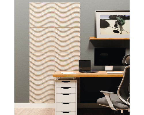 Moderne werkplek met akoestische panelen aan de muur. De panelen hebben een golfpatroon. Bureau met monitor en laptop.