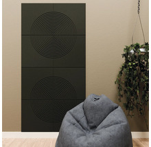 Akoestische panelen met concentrische cirkels aan de muur, met een zitzak ervoor en een hangplant ernaast.