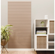 Akoestisch paneel met horizontale lamellen aan een wand naast een kast en een kamerplant.
