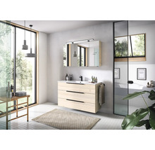 Moderne badkamer met wastafelmeubel in lichte houtlook, zwarte kraan, spiegelkast en groot raam voor een lichte, ruime sfeer.