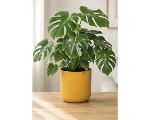 Monstera Deliciosa kamerplant met grote groene bladeren in een gele bloempot op een houten tafel in een lichte kamer.