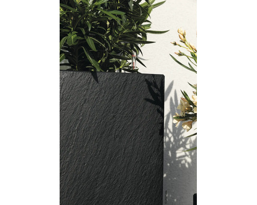 Bloembak met leisteenlook voorzien van een plant en een watermeter.