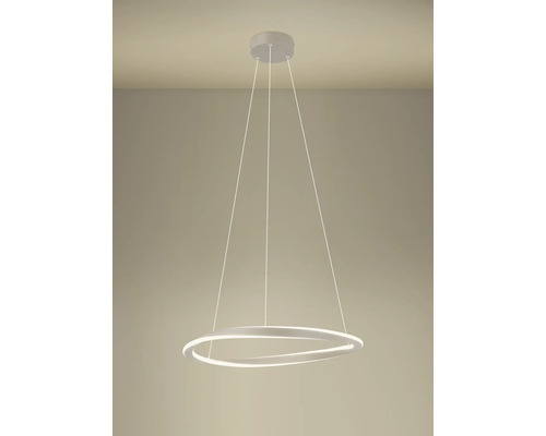 Moderne LED-hanglamp met een lichtgevende ring die aan drie dunne kabels hangt.