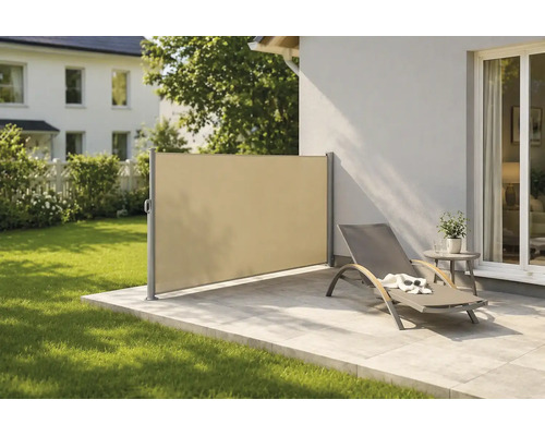 Moderne stoffen zijluifel als privacy- en windscherm op een stenen terras met ligstoel en aangrenzend gazon.