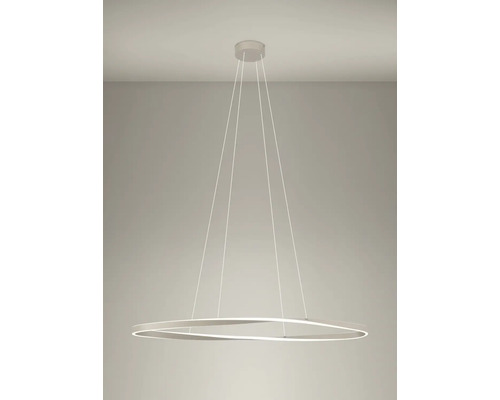 Moderne LED-hanglamp in ringvorm met een golvend ontwerp, opgehangen aan dunne draden.