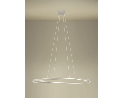 Moderne LED-hanglamp in ringvorm met golvend ontwerp en dunne kabels.