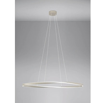 Moderne LED-hanglamp met een golvende ring en dunne ophangkabels.