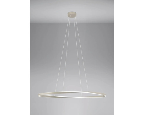 Moderne LED-hanglamp met een golvende ring en dunne ophangkabels.