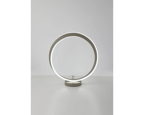 Moderne LED-tafellamp in ringvorm met een ronde voet en geïntegreerde lichtbron.