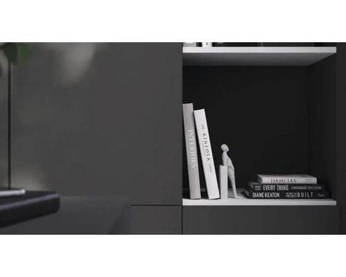 Modern antracietkleurig rek met witte planken, gedecoreerd met boeken en een wit decoratief beeldje in minimalistische stijl.