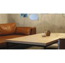 Moderne woonkamer met een leren bank en een salontafel met houtlook voor een wand met betonlook en spiegels.