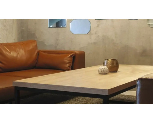 Moderne woonkamer met een leren bank en een salontafel met houtlook voor een wand met betonlook en spiegels.