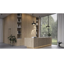 Moderne ontvangstruimte met grote balie in houtlook, kamerhoge wandbekleding, ingebouwde kasten en zwarte hanglampen voor een groot raam.