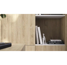 Detailweergave van een kast in eikenlook met een open vak waarin boeken en een decoratief beeldje staan.