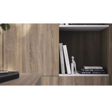 Detailopname van een houten kast met een donker schapvak met boeken en een beeldje, voorzien van een lichte houtnervenstructuur.