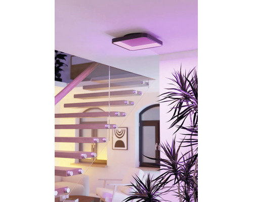 Moderne vierkante plafondlamp met ledverlichting in een lichte woonruimte met zwevende trap, glazen leuning en kamerplanten.