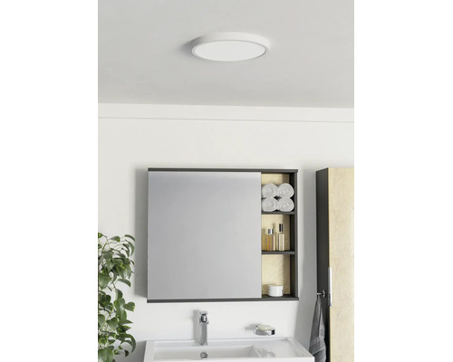 Moderne badkamer met spiegelkast, open rek, witte wastafel, chromen kraan en ronde plafondlamp.
