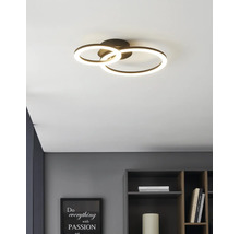 Moderne LED-plafondlamp met twee lichtgevende ringen in een lichte, georganiseerde kamer boven een plank.