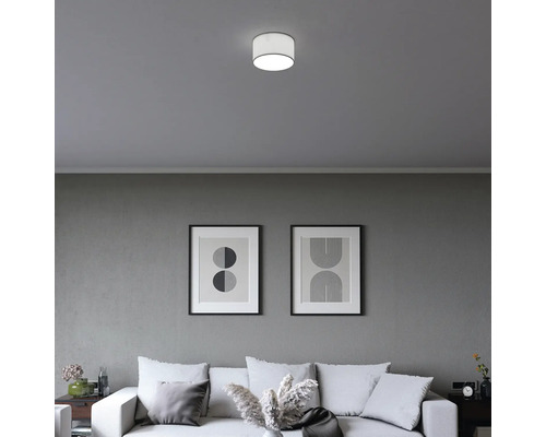 Moderne, cilindrische plafondlamp in een minimalistische woonkamer met bank en abstracte schilderijen aan een grijze muur.