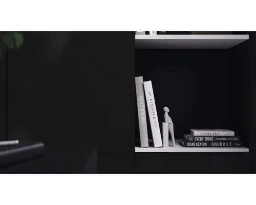 Moderne kast in zwart en wit met boeken en een decoratief beeldje van een persoon.