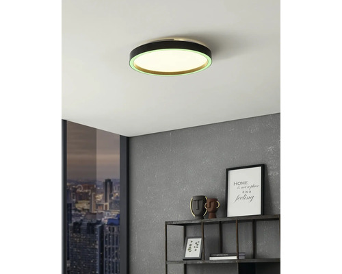 Moderne ronde LED-plafondlamp met zwart frame en groene lichtring in een kamer met grijze muur en metalen wandrek.