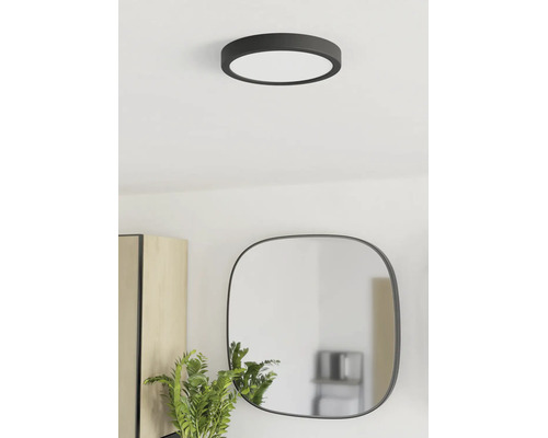 Moderne ronde plafondlamp in een lichte kamer met een afgeronde spiegel, houten kast en plant.