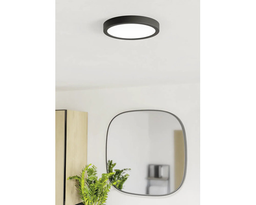 Moderne, ronde LED-plafondlamp in het zwart in een lichte kamer boven een spiegel en een plant.