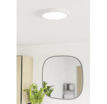 Platte, ronde LED-plafondlamp in een lichte kamer boven een spiegel en een plant.