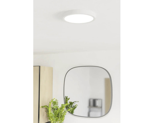Platte, ronde LED-plafondlamp in een lichte kamer boven een spiegel en een plant.