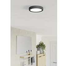 Ronde LED-plafondlamp met donker frame in een lichte, moderne badkamer met spiegel, groene plant en houten kast.