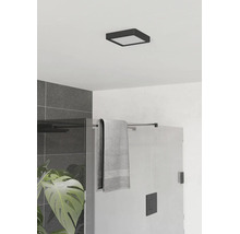 Moderne badkamer met een vierkante zwarte LED-plafondlamp, een glazen douchewand, grijze tegels en een groene kamerplant.