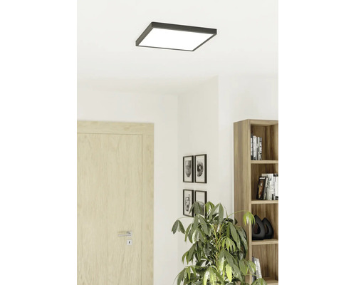 Vierkante plafondlamp met donker frame in een lichte woonkamer met houten deur, kast en kamerplant.