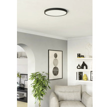 Platte, ronde plafondlamp in een moderne, lichte woonkamer met een grijze fauteuil, planken en een grote kamerplant.