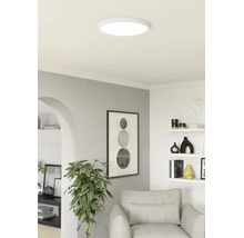 Platte ronde LED-plafondlamp in een modern ingerichte woonkamer met een fauteuil, kamerplant en wanddecoratie.