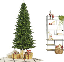 Kunstkerstboom in een modern gedecoreerde kamer met cadeaus en een metalen rek met kerstdecoratie.