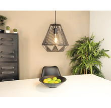 Moderne ruimte met zwarte geometrische draadhanglamp boven witte tafel met fruitschaal, metalen kast en grote kamerplant.