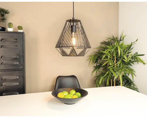 Moderne ruimte met zwarte geometrische draadhanglamp boven witte tafel met fruitschaal, metalen kast en grote kamerplant.