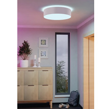 Moderne, ronde plafondlamp in een lichte hal met een houten dressoir, een plant en een hoog, smal raam.