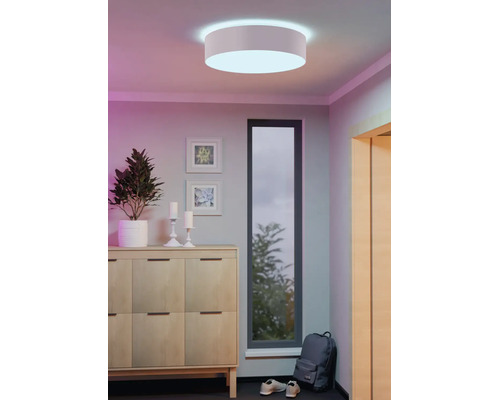 Moderne, ronde plafondlamp in een lichte hal met een houten dressoir, een plant en een hoog, smal raam.