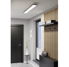 Moderne, lichte hal met een lange rechthoekige led-plafondlamp, een houten wandpaneel met haken, een zwarte deur en een raam.