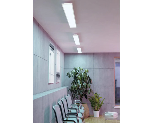 Drie rechthoekige LED-paneel plafondlampen in een moderne wachtkamer met muren in betonlook, stoelen en kamerplanten.